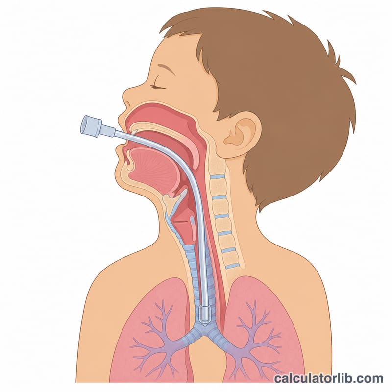 Cross-section diagram of an endotracheal tube placed in a child's airway through the trachea