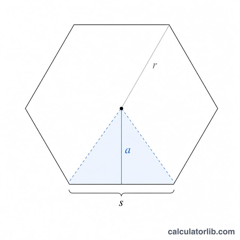 Regular hexagon showing side length s, apothem a, and radius r from center