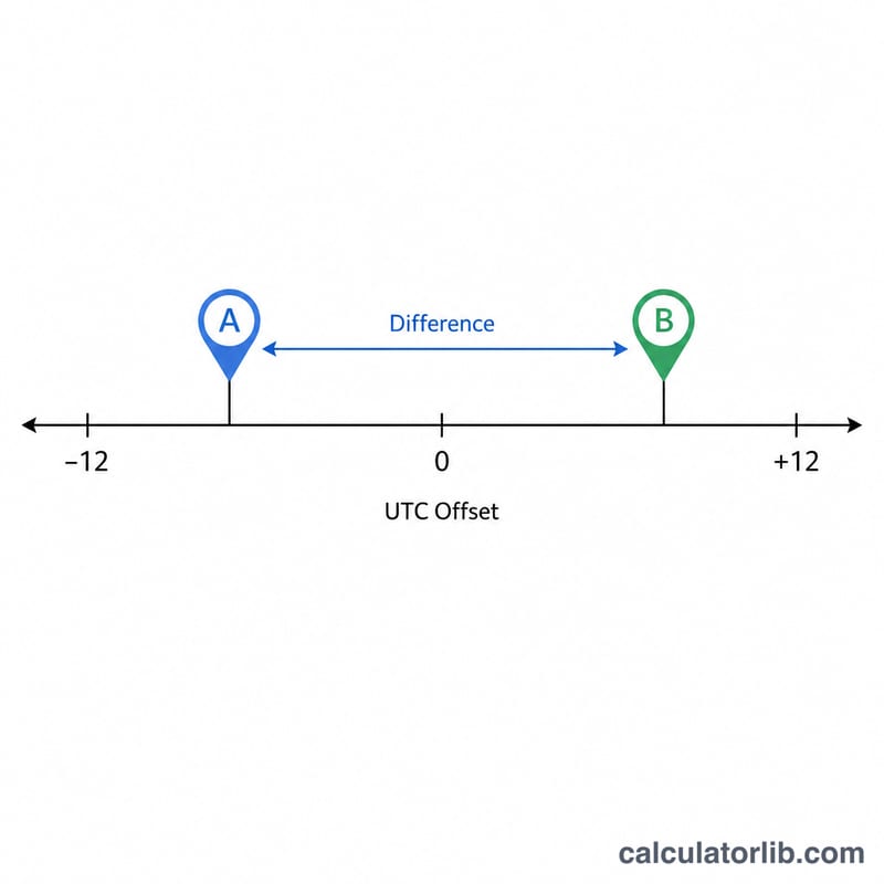 Number line of UTC offsets with two cities A and B and an arrow showing the gap between them