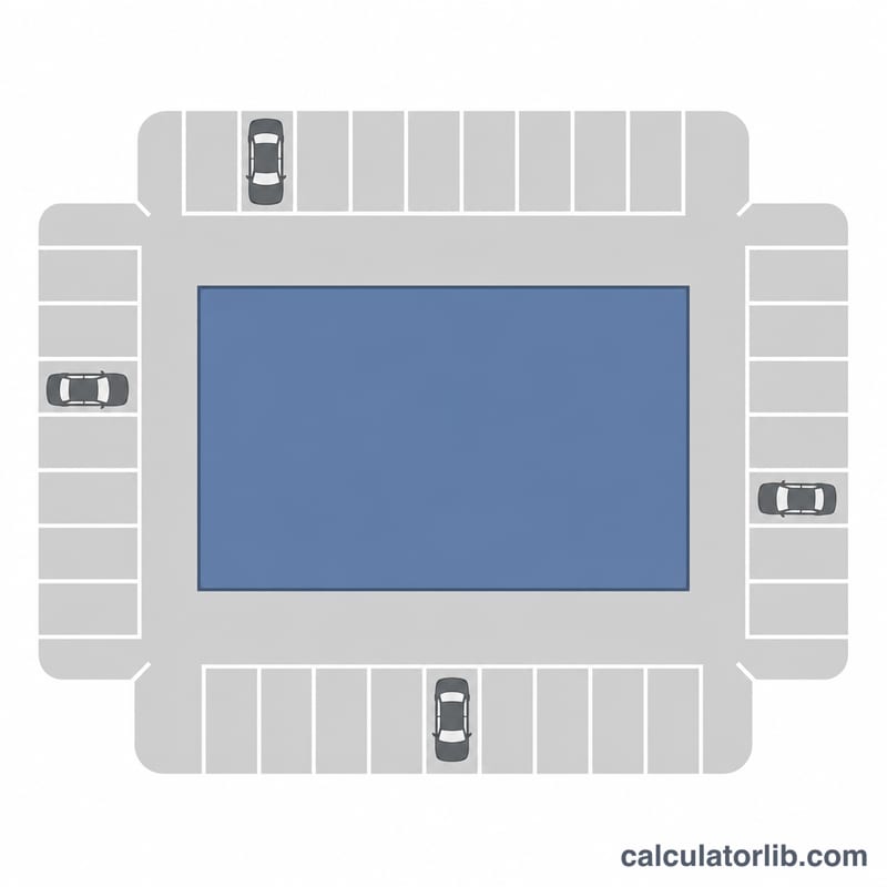 Aerial diagram of a commercial building with a grid of parking spaces around it