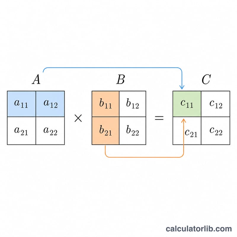 Diagram showing row of matrix A times column of matrix B forming one entry of product matrix C