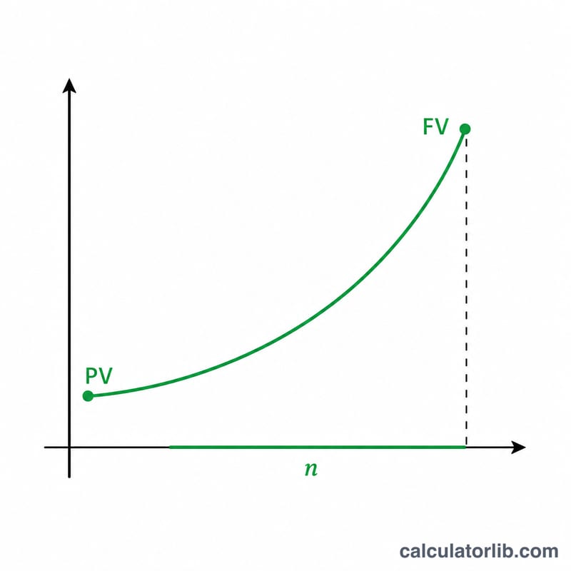 Exponential growth curve from a starting principal up to a target future value, with the time on the horizontal axis highlighted