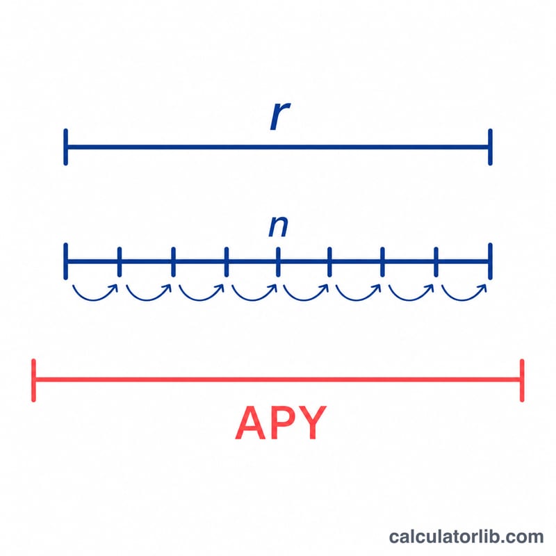 Diagram showing nominal rate split into n compounding periods producing a higher effective rate