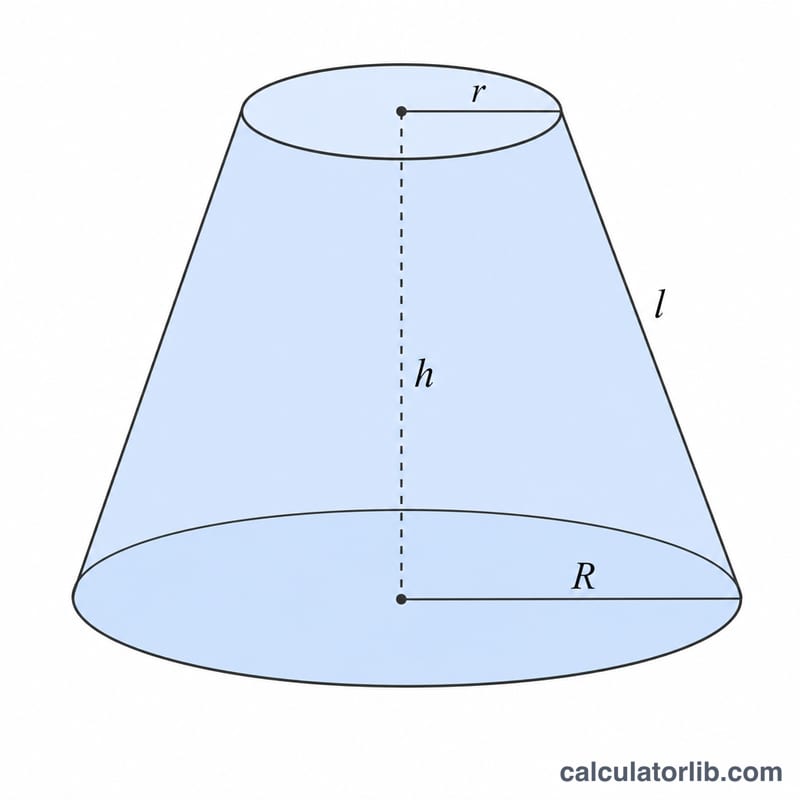 Labeled diagram of a conical frustum showing top radius, bottom radius, height, and slant height