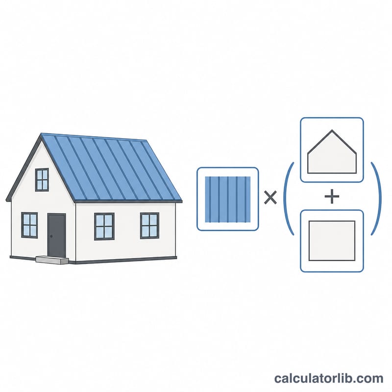 Maison avec toit en métal et schéma simple de multiplication d'une somme
