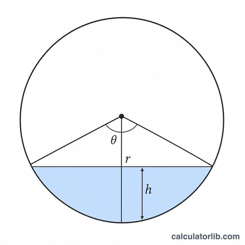 End view of a horizontal cylinder partially filled with liquid showing radius, fill height and the central angle of the segment
