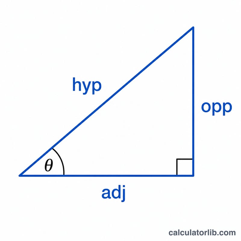 Right triangle with angle theta showing opposite, adjacent, and hypotenuse sides labeled