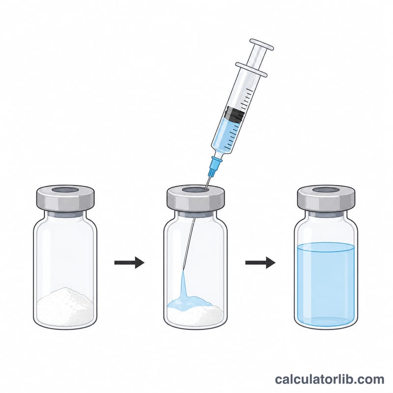 Vial de fármaco en polvo con una jeringa que añade diluyente líquido, produciendo una solución transparente
