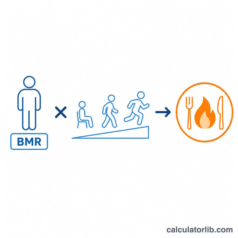 Diagram showing BMR multiplied by activity factor equals maintenance calories
