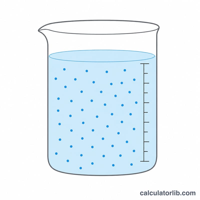 Flat diagram of a beaker with dissolved solute particles in liquid representing molarity as moles per liter