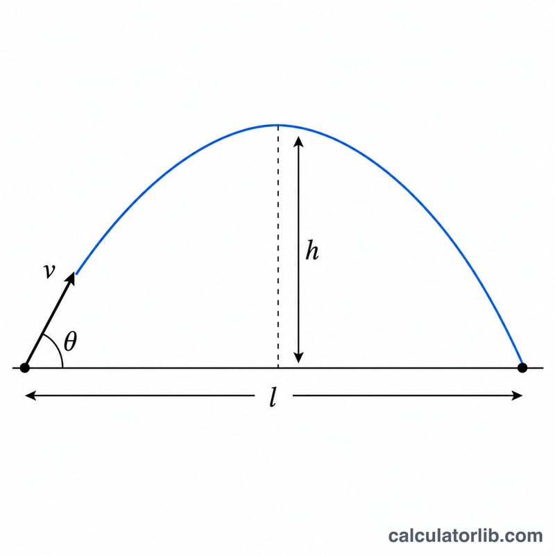 Parabolic projectile path showing launch angle theta, peak height h and horizontal range l