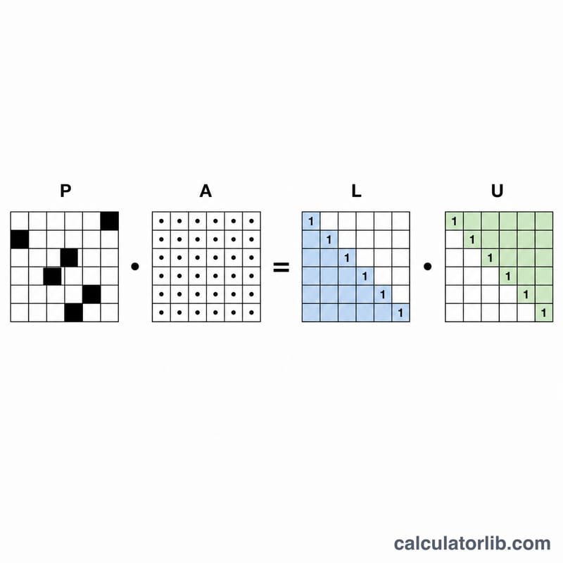 Schéma montrant la matrice P fois A égale L fois U, avec L triangulaire inférieure et U triangulaire supérieure
