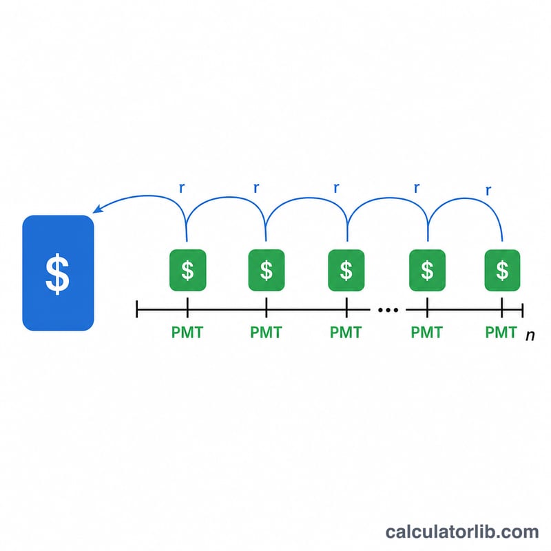 Diagram showing a fixed monthly payment splitting into principal and interest, summing to a maximum loan amount