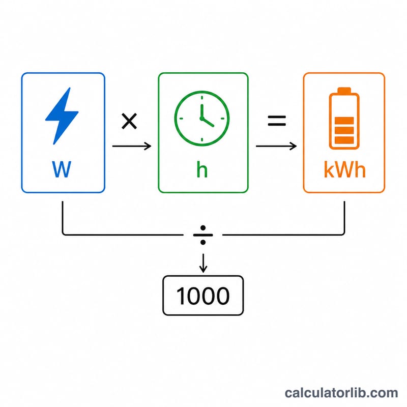 Diagrama que muestra vatios multiplicados por horas y luego divididos entre 1000 para obtener kilovatios-hora
