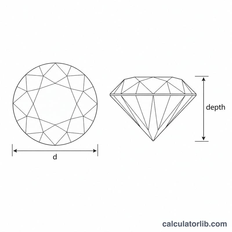 Side and top view of a round brilliant diamond showing diameter and depth measurements