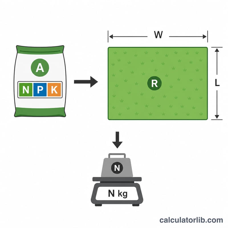 Diagram linking fertilizer bag nitrogen percentage, lawn area, and product amount
