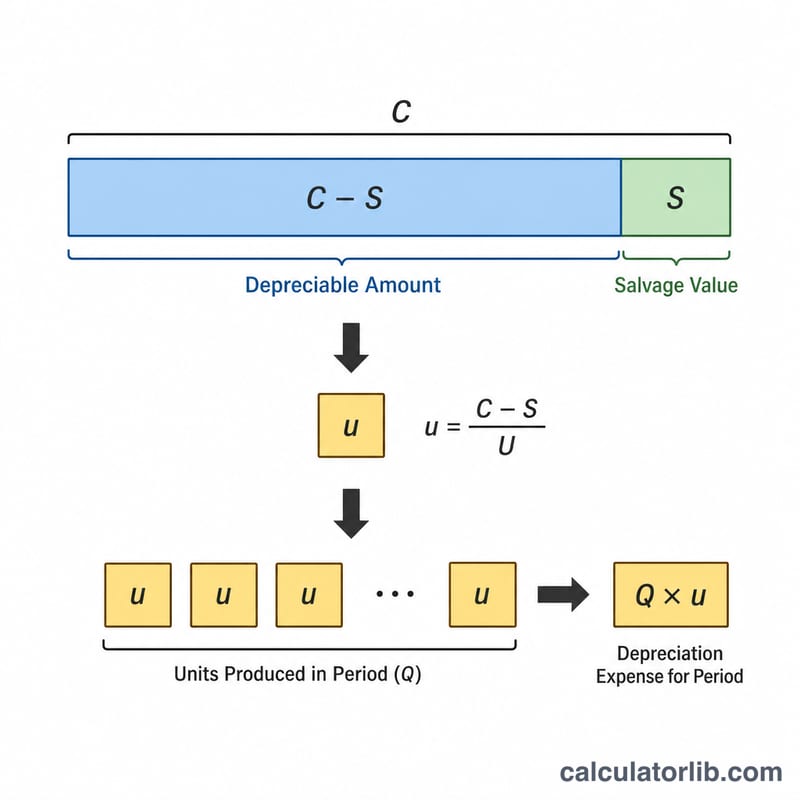 Diagram of cost minus salvage divided into per-unit depreciation accumulating over units used