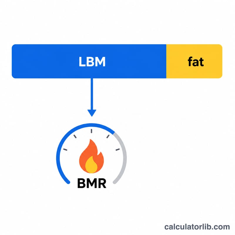 Diagram showing body weight split into lean body mass and fat mass, with lean mass driving BMR