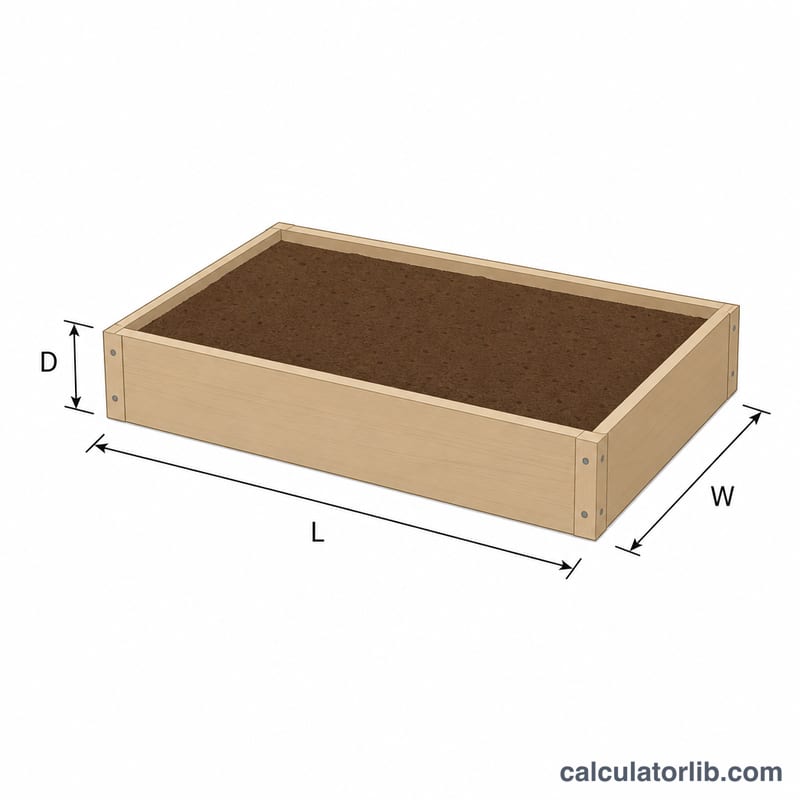 Rectangular garden bed showing length, width and depth dimensions