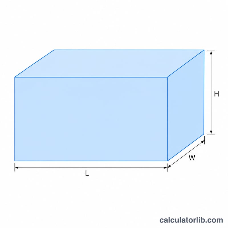 Rectangular tank cuboid with length L, width W, and height H labeled on its edges