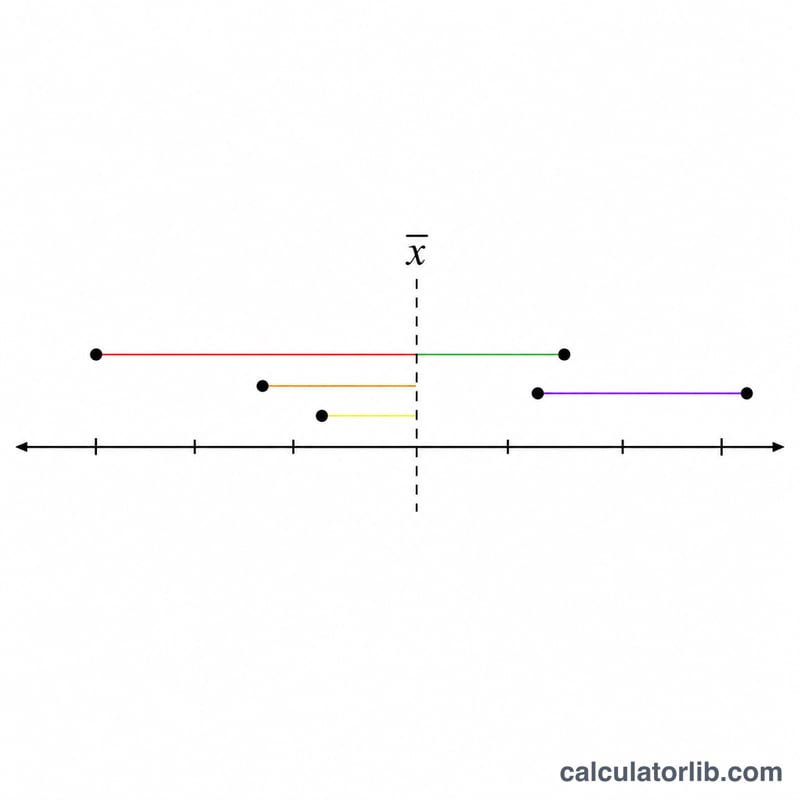 Scatter of data points along a number line with vertical deviation lines to the mean