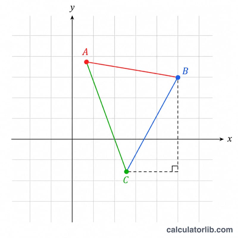 Triangle on a coordinate grid with three labeled vertices A, B, C and sides