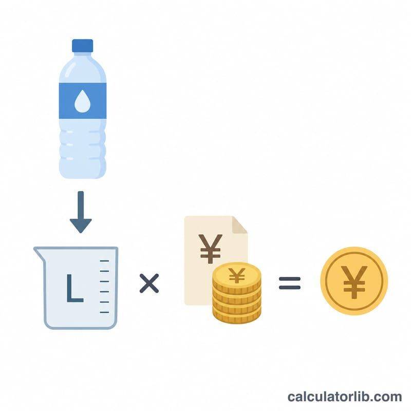 Flat diagram showing a liquor volume in liters multiplied by a tax rate per liter to give tax in yen