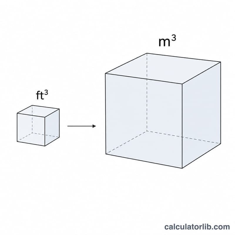 Comparison of a small cubic foot cube and a larger cubic meter cube
