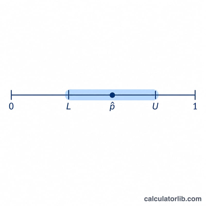 A horizontal proportion line from 0 to 1 with a point estimate dot and a shaded confidence interval band around it bounded by lower and upper markers