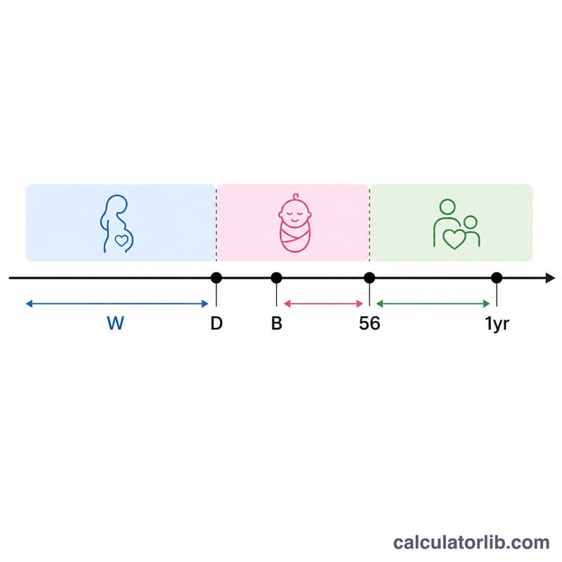 Horizontal timeline showing prenatal leave, birth day, postnatal leave and childcare leave segments around a due date