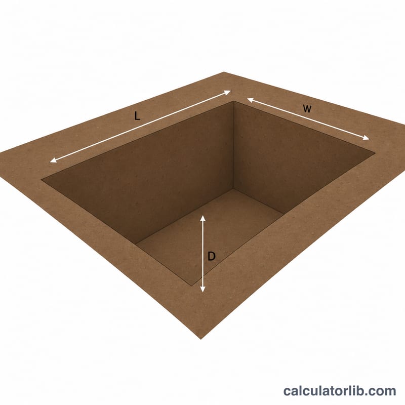 Rectangular excavation pit with length, width, and depth labeled