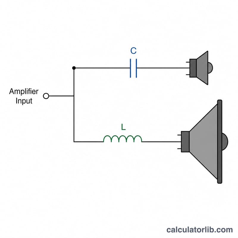 Diagram of a first-order passive crossover splitting an audio signal into high and low frequency paths to a tweeter and woofer