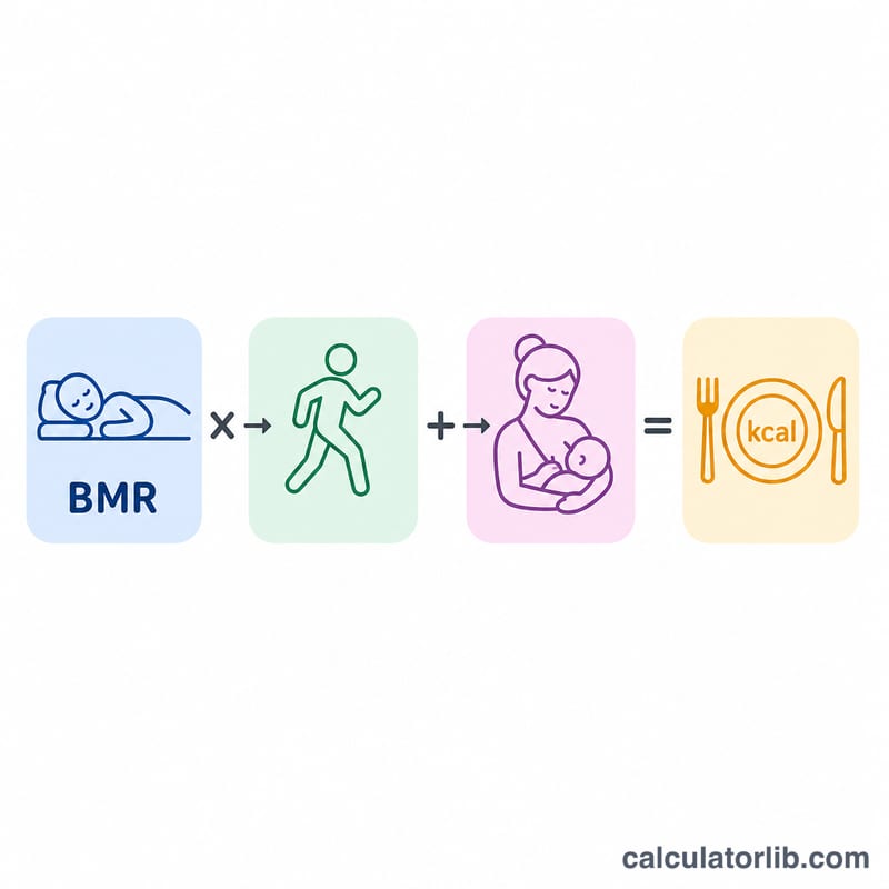 Schéma plat montrant le métabolisme de base multiplié par le facteur d'activité plus un ajout de calories pour l'allaitement égalant les calories quotidiennes