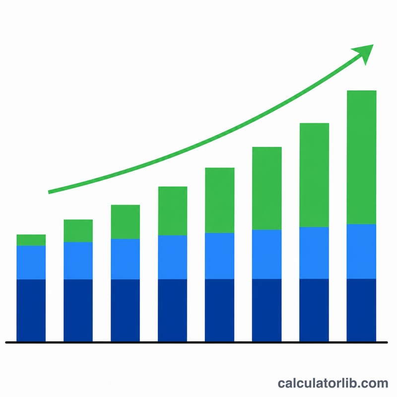 Bar chart showing savings balance growing over time with stacked contributions and interest