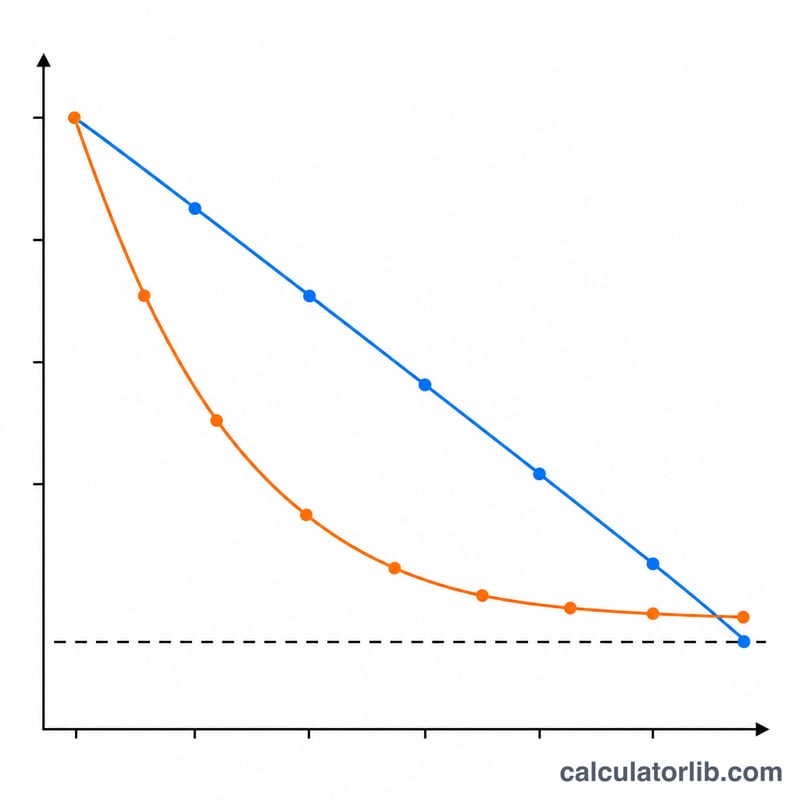 Two book-value curves declining over years: a straight line and a convex declining-balance curve, both above a residual floor