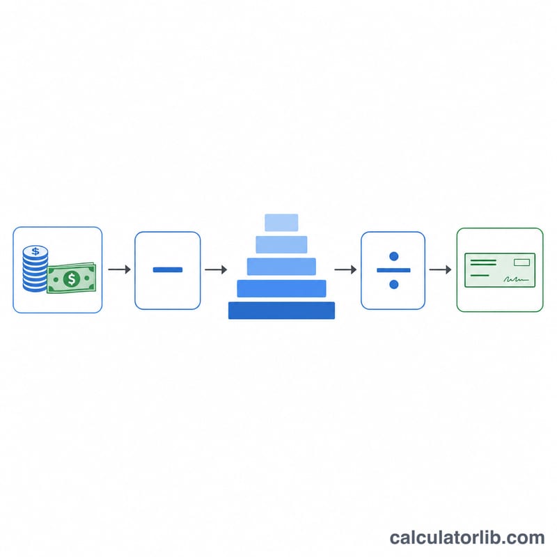 Flow diagram showing gross annual pay minus standard deduction equals taxable income, taxed by brackets, divided by pay periods plus extra to give per-paycheck withholding