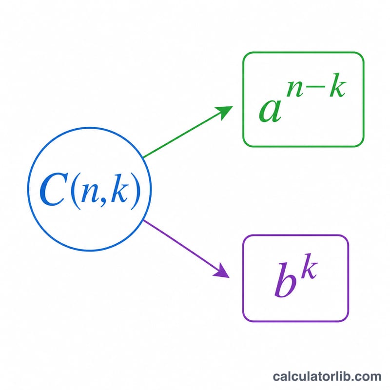 Diagram showing the binomial expansion formula with labeled coefficient, exponents and summation