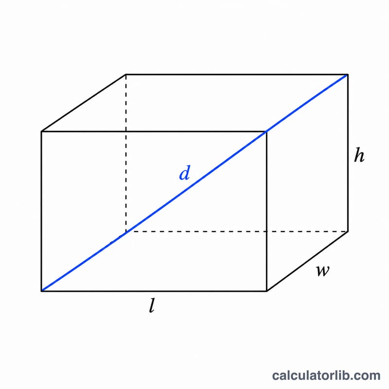 Rectangular prism with length, width, height and space diagonal marked