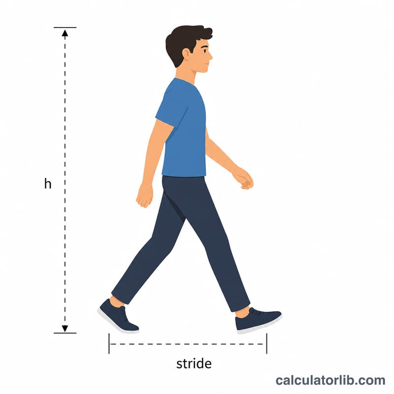 Side view of a walking person showing stride length between two consecutive footsteps and body height