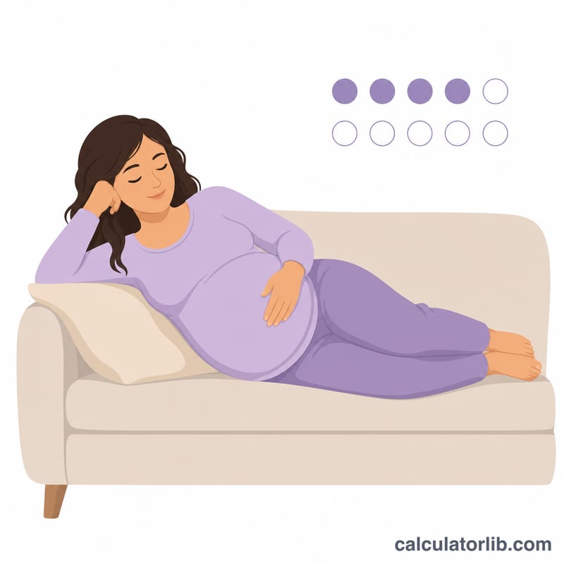 Pregnant person lying on side counting fetal movements with a tally of ten dots
