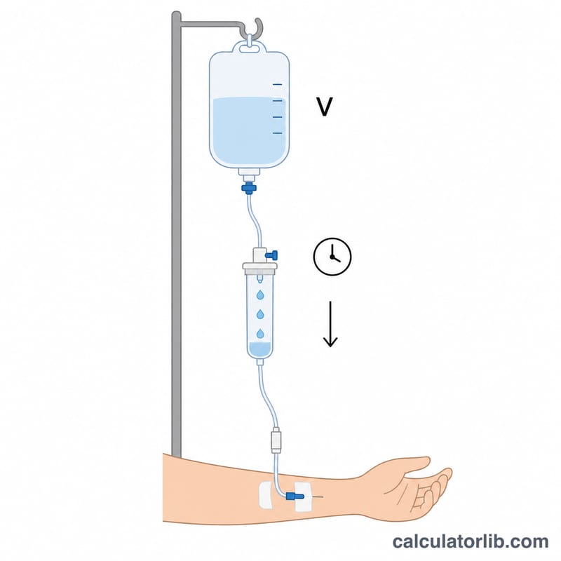 Diagram of an IV bag connected by tubing to a drip chamber showing falling drops, with labels for volume, time, and drops per minute