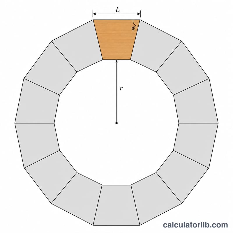Top view of a ring made of identical wedge-shaped wooden segments forming a circle, with one segment highlighted showing miter angle and segment length