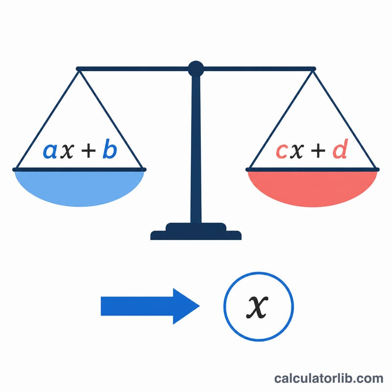 Balance scale showing ax+b equal to cx+d rearranged to isolate x
