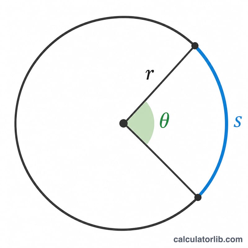 Circle showing radius r, central angle theta, and highlighted arc s