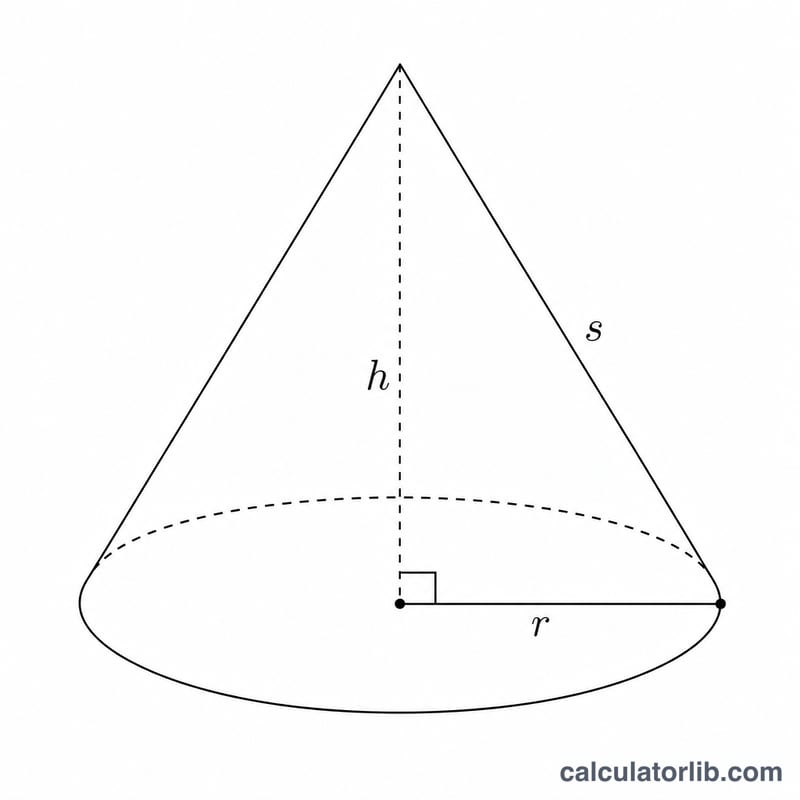 Right circular cone showing radius r, height h, and slant height s forming a right triangle