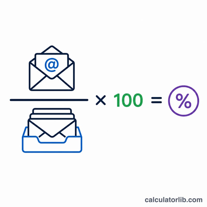 Flat diagram showing emails opened divided by emails delivered times 100 equals open rate percent