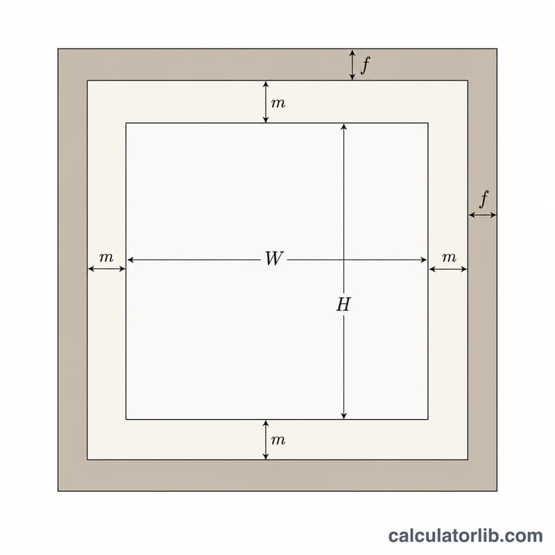 Cross-section diagram of a picture frame showing artwork, mat border, and frame moulding dimensions