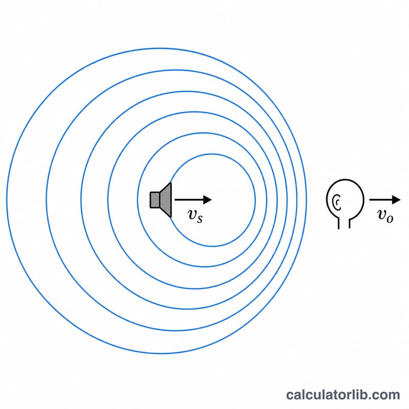 Moving sound source with compressed wavefronts ahead and spread wavefronts behind, observer on the right