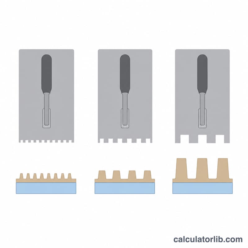 Schéma montrant l'effet de la taille des dents de truelle sur la hauteur des sillons de colle et la couverture