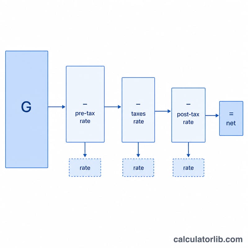 Flowchart showing gross pay reduced by pre-tax deductions, taxes, and post-tax deductions to reach net pay